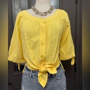 White Stag Women’s Yellow 3/4 Tie Sleeve Button Front Crinkle Blouse Size 1X